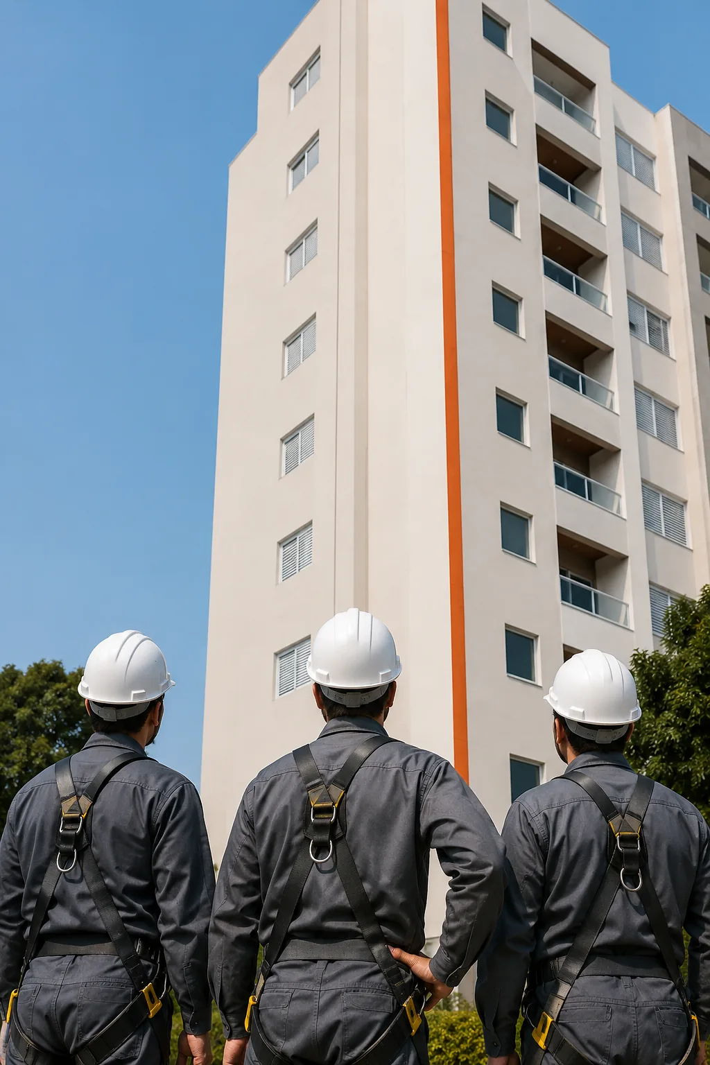 Equipe da Prime Color diante de um edifício com a fachada concluída