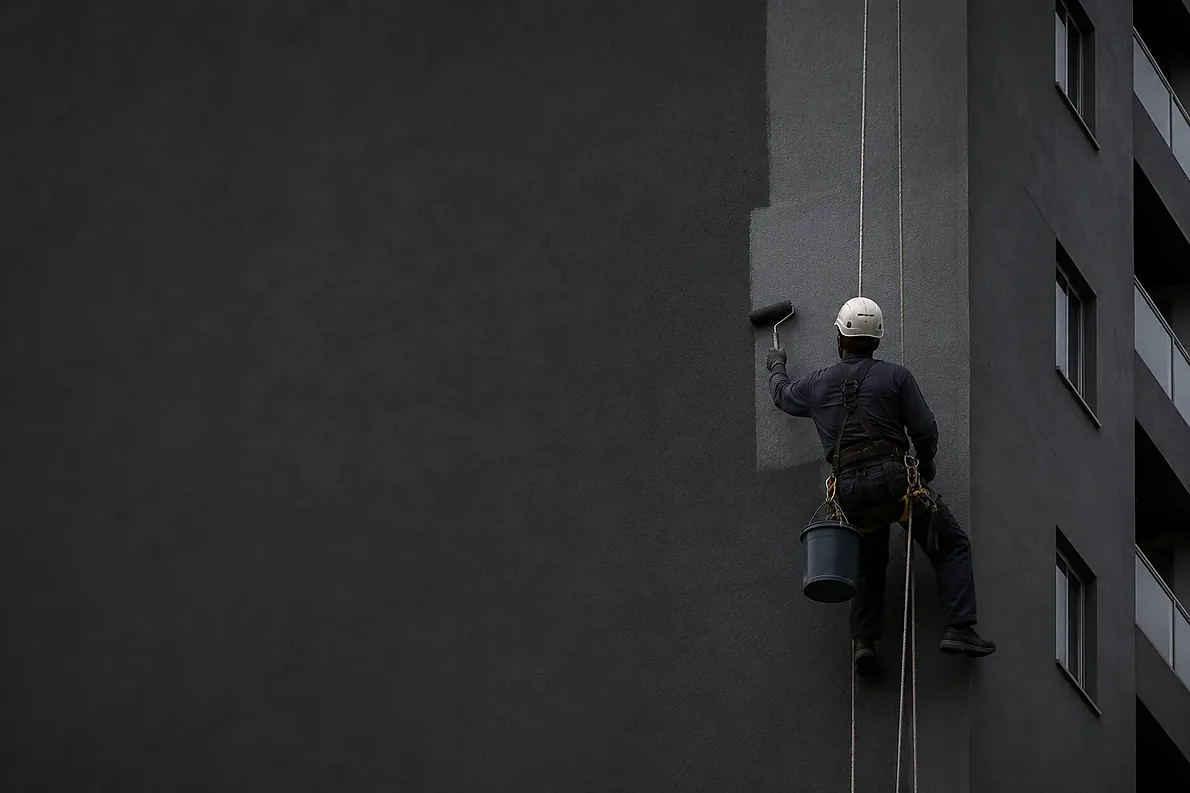 Fachada em pintura vista de perto, com o profissional na corda ao fundo