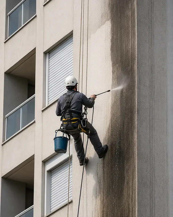 Jato de alta pressão limpando a fachada, com o trecho lavado ao lado do encardido