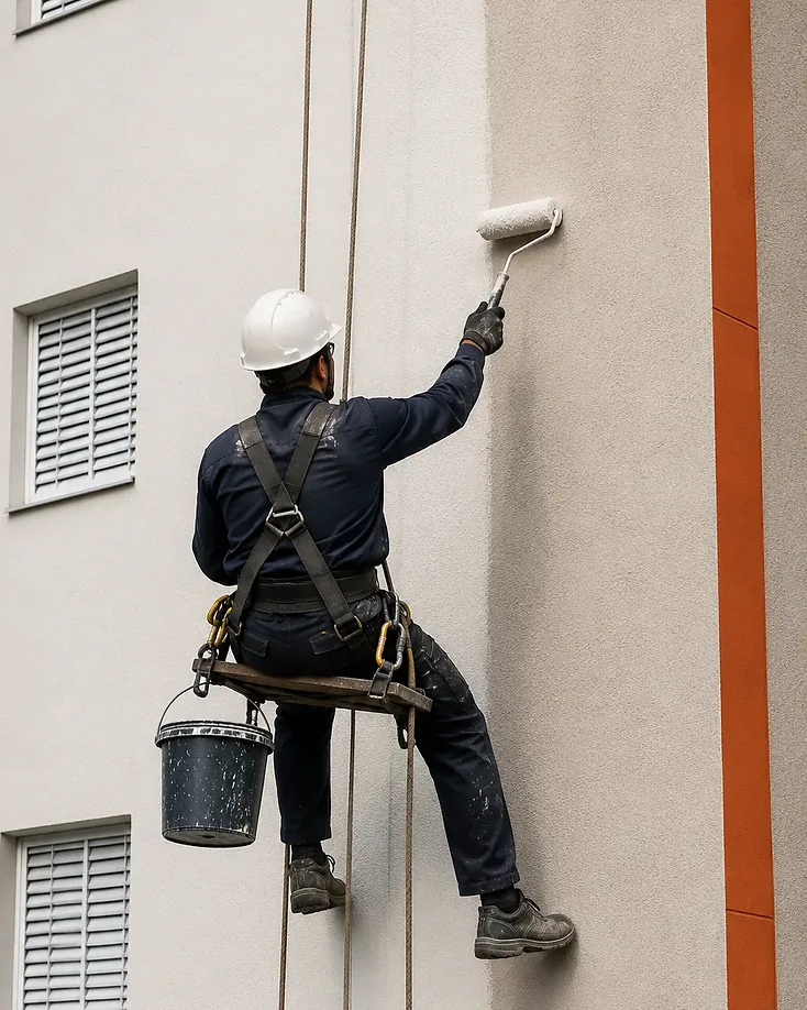Profissional aplicando tinta com rolo na fachada, sentado na cadeirinha de corda