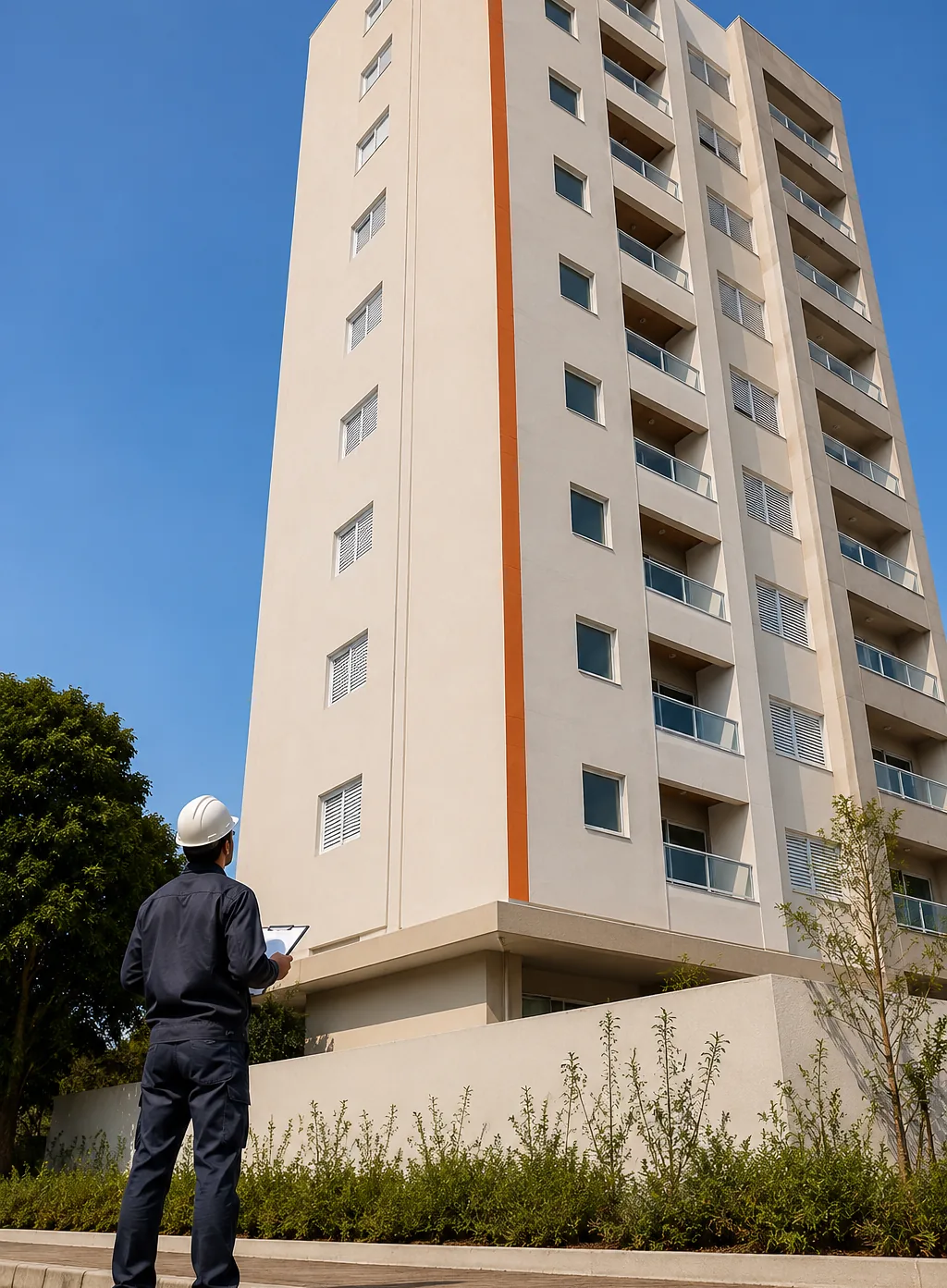 Profissional da Prime Color avaliando a fachada do prédio com prancheta antes do orçamento