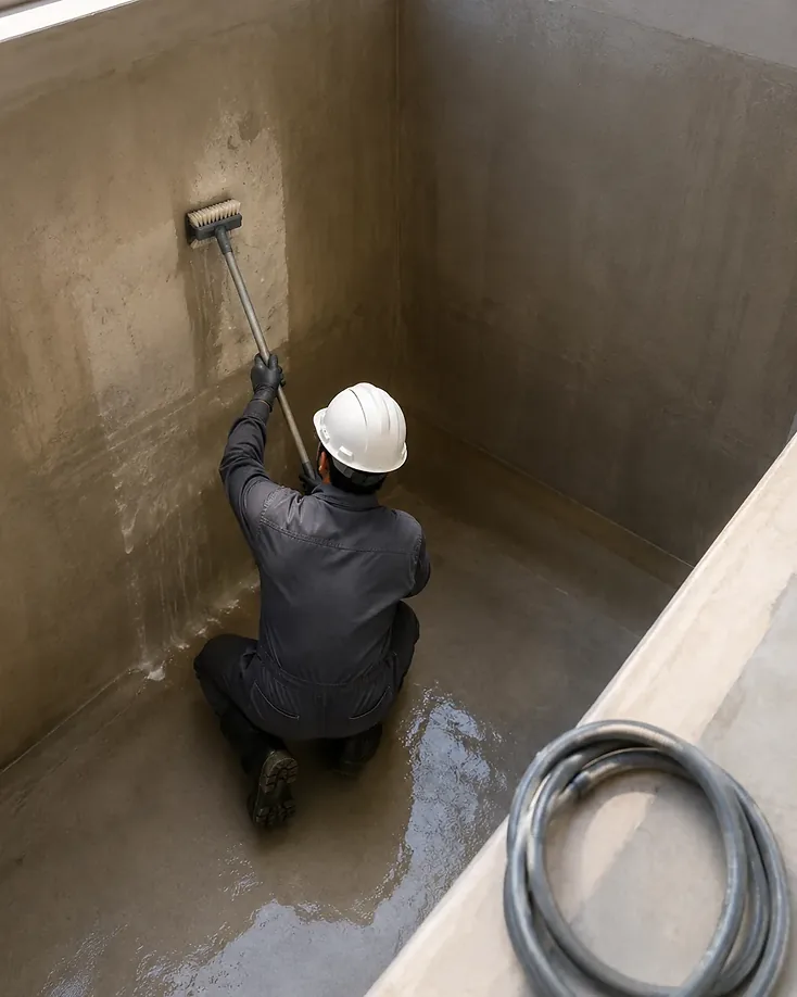 Profissional higienizando o interior de uma caixa d'água predial